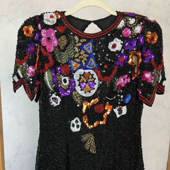 Vintage 80s Floral Sequin Formal Party Prom Dress - Picture 3 of 8